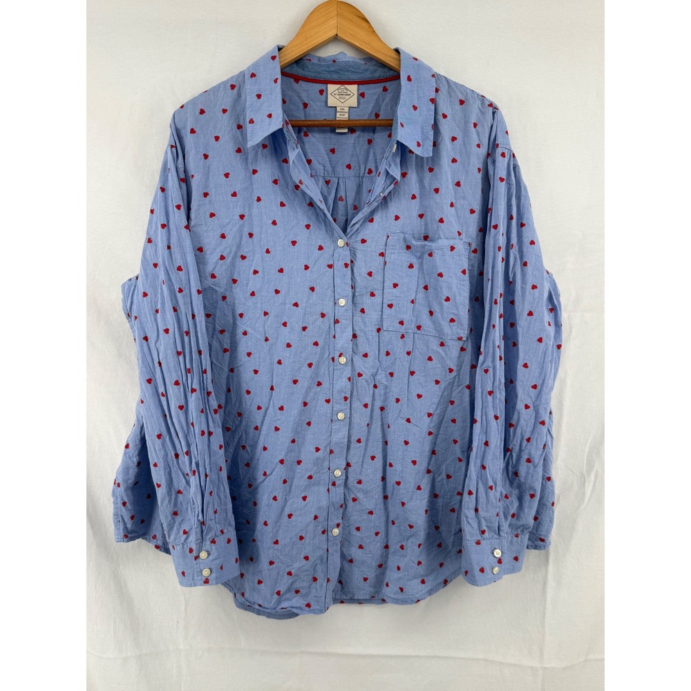 St Johns Bay Womens XXL Oversized Shirt Blue Red Heart Print Cotton Button Down - Picture 1 of 5